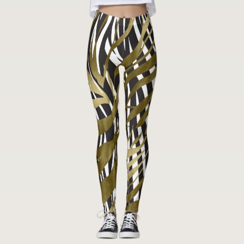 Black  Gold Zebra Print Safari Chic Glamour Leggings