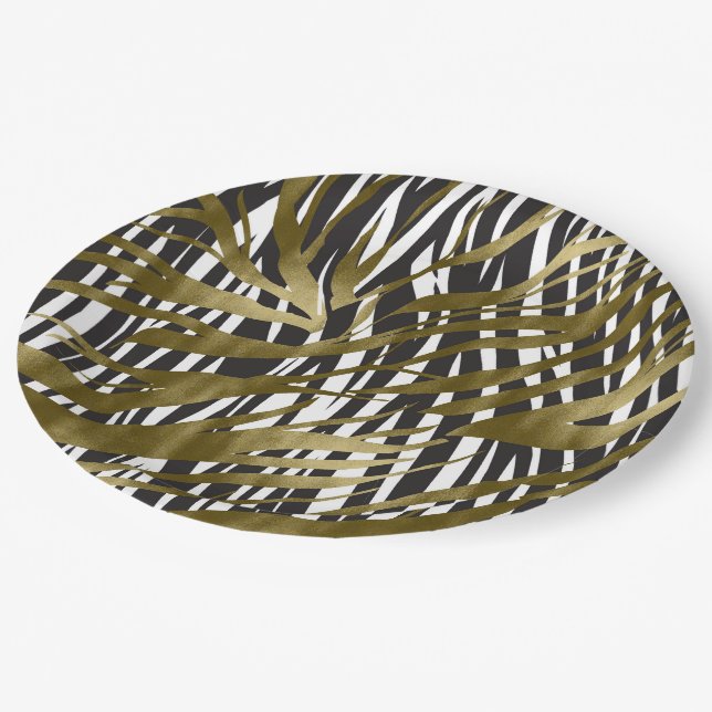 Black & Gold Zebra Print Safari Chic Glamour Paper Plates (Angled)