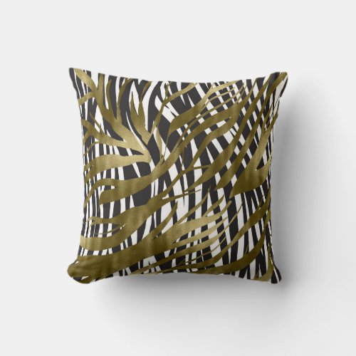 Black  Gold Zebra Print Safari Chic Glamour Throw Pillow