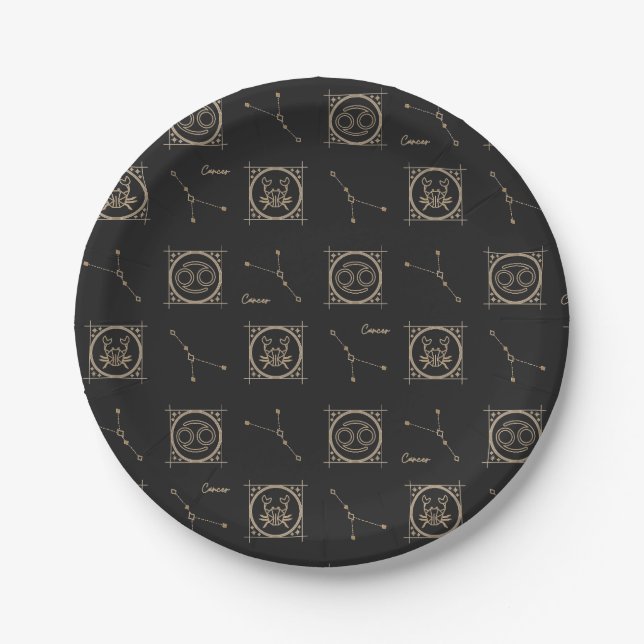 Black & Gold Zodiac Cancer Astrology Star Sign Paper Plates (Front)