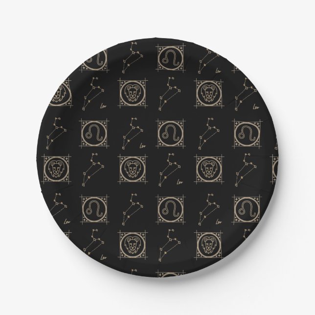 Black & Gold Zodiac Leo Astrology Star Sign Paper Plates (Front)