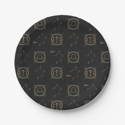 Black  Gold Zodiac Libra Astrology Star Sign Paper Plates