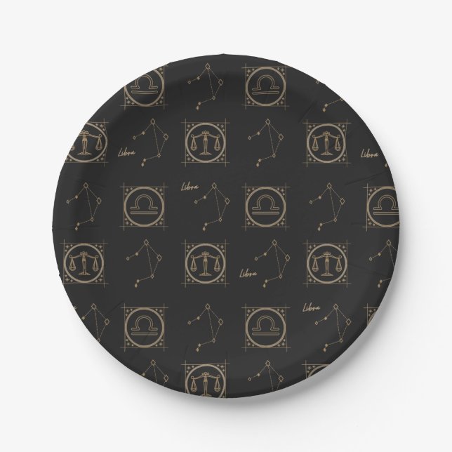 Black & Gold Zodiac Libra Astrology Star Sign Paper Plates (Front)