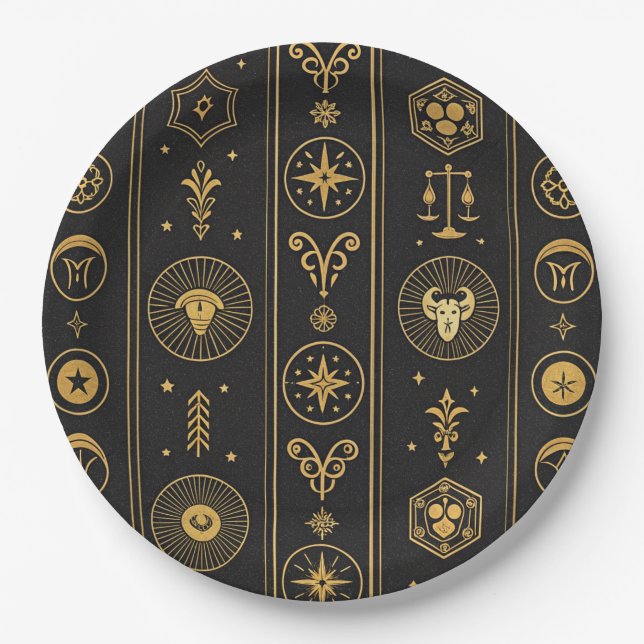 Black Gold Zodiac Sign (1) Paper Plates (Front)