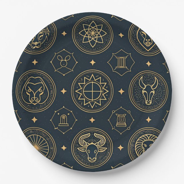 Black Gold Zodiac Sign (3) Paper Plates (Front)