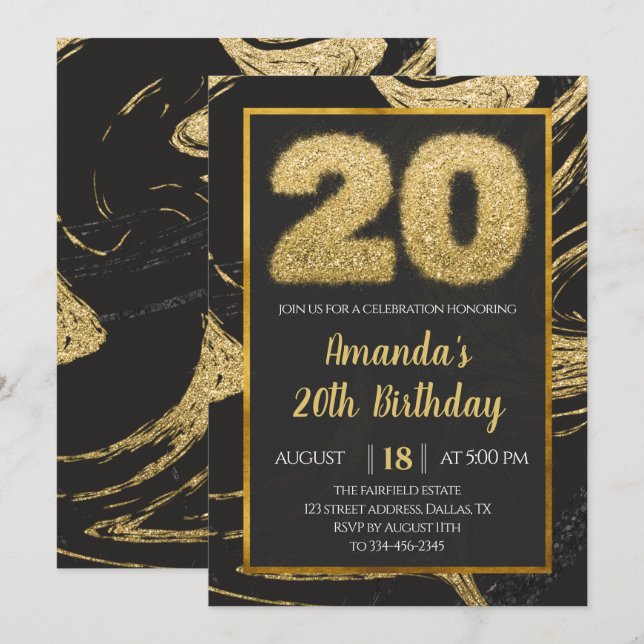 Black Golden 20th Birthday Invitation (Front/Back)