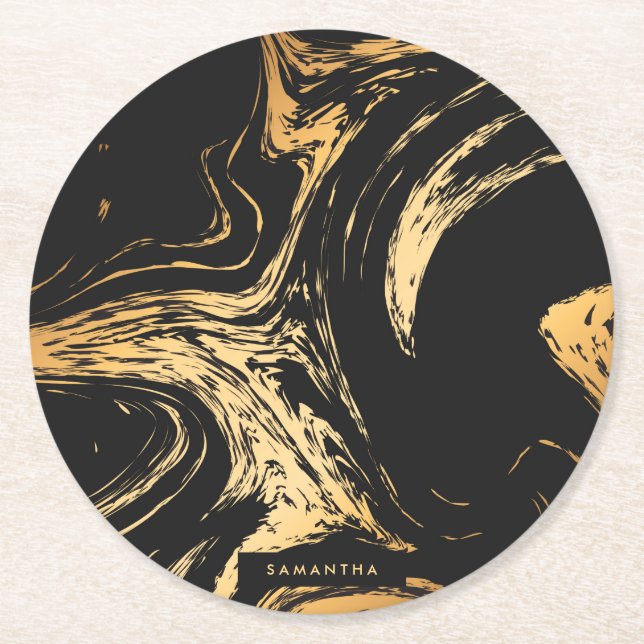 Black & Golden Abstract Round Paper Coaster (Front)