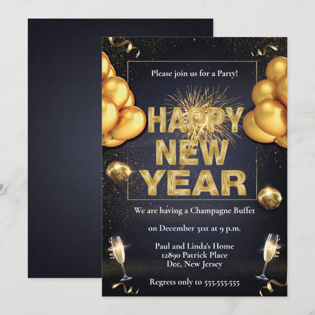 Black & Golden Balloons New Years Party Invitation (Front/Back)