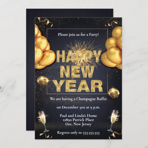 Black  Golden Balloons New Years Party Invitation