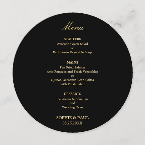 Black Golden Beige Round Wedding Menu