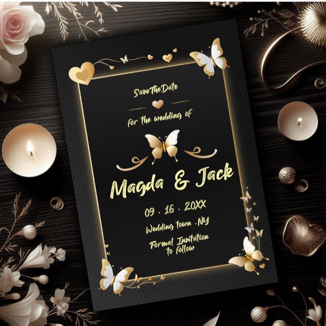 Black Golden butterflies save the date card (Creator Uploaded)