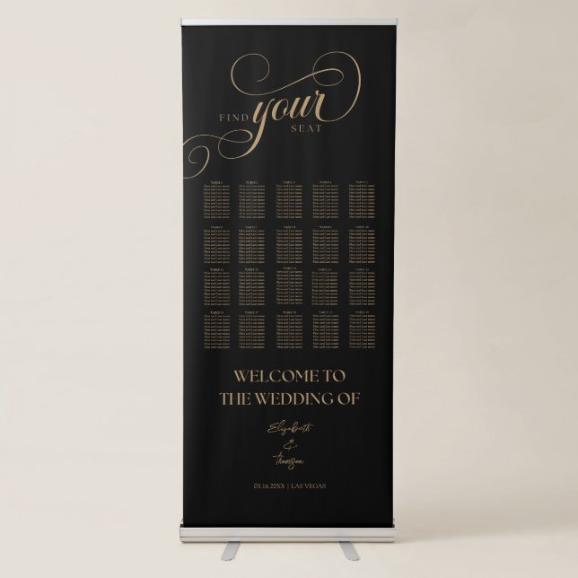 Black Golden Calligraphy Wedding Seating Chart  Retractable Banner (Front)