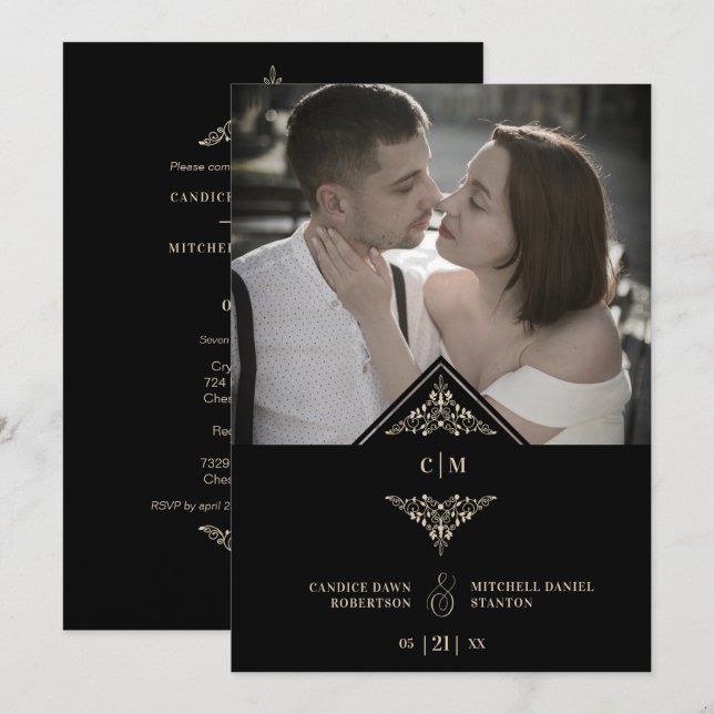 Black Golden Chic Lace Romantic Couple Wedding Invitation (Front/Back)