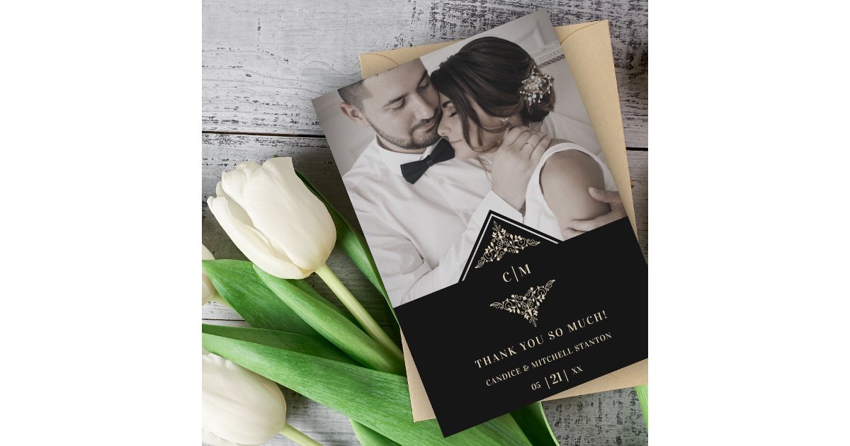 Black Golden Chic Lace Romantic Couple Wedding Thank You Card | Zazzle