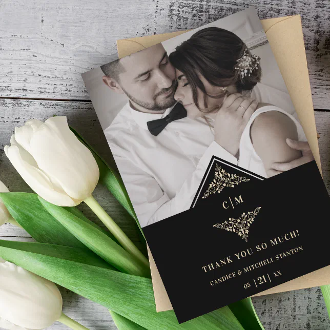 Black Golden Chic Lace Romantic Couple Wedding Thank You Card | Zazzle