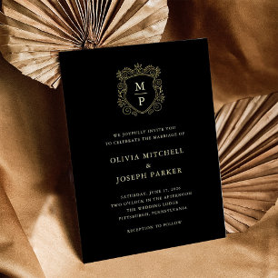 Black Golden Crest Elegant Wedding Foil Invitation