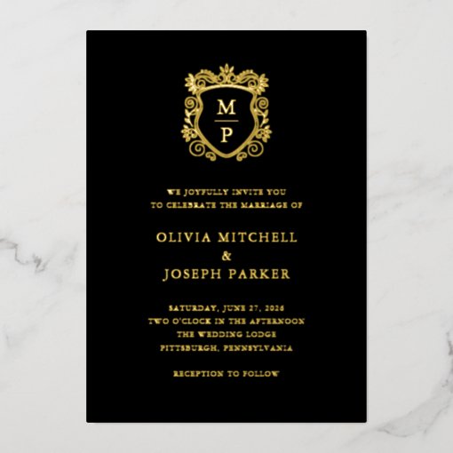 Black Golden Crest Elegant Wedding Foil Invitation Zazzle black-golden-crest-elegant-wedding-foil-invitation-zazzle
