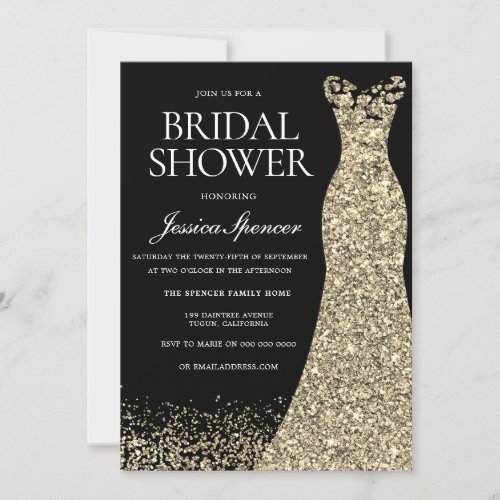 Black Golden Dress Gown Bridal Shower Invitation