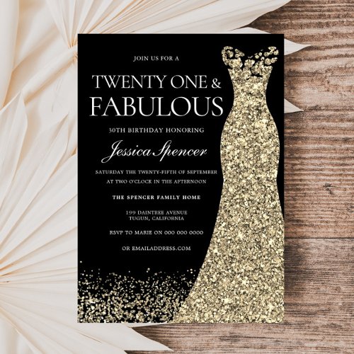Black Golden Dress Womans 21st Birthday Party Invitation