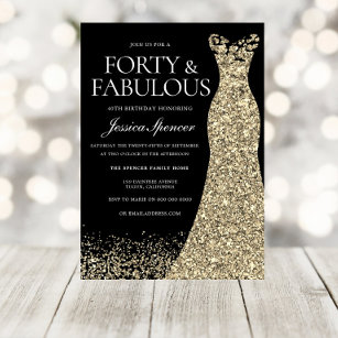 Black Golden Dress Womans 40th Birthday Party Invitation