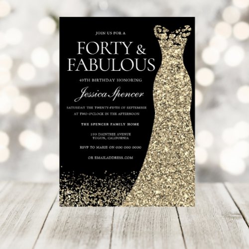 Black Golden Dress Womans 40th Birthday Party Invitation