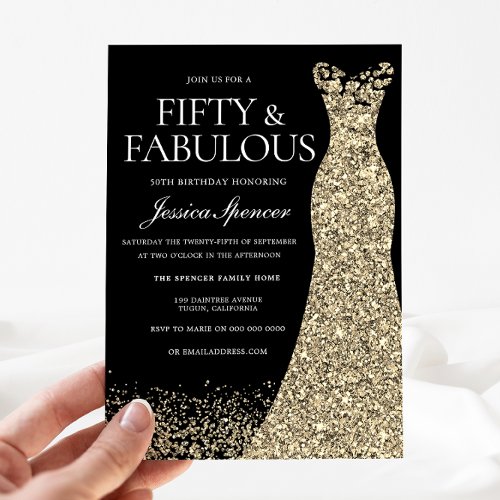 Black Golden Dress Womans 50th Birthday Party Invitation