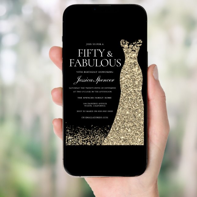 Black Golden Dress Womans 50th Birthday Party Invitation (Front Digital)