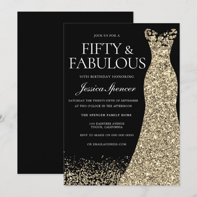 Black Golden Dress Womans 50th Birthday Party Invitation