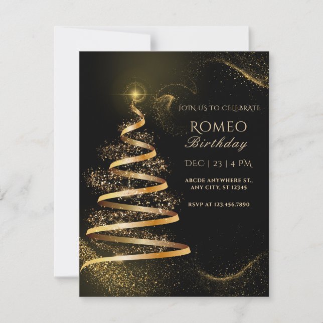 black golden elegant christmas tree BIRTHDAY Invitation (Front)