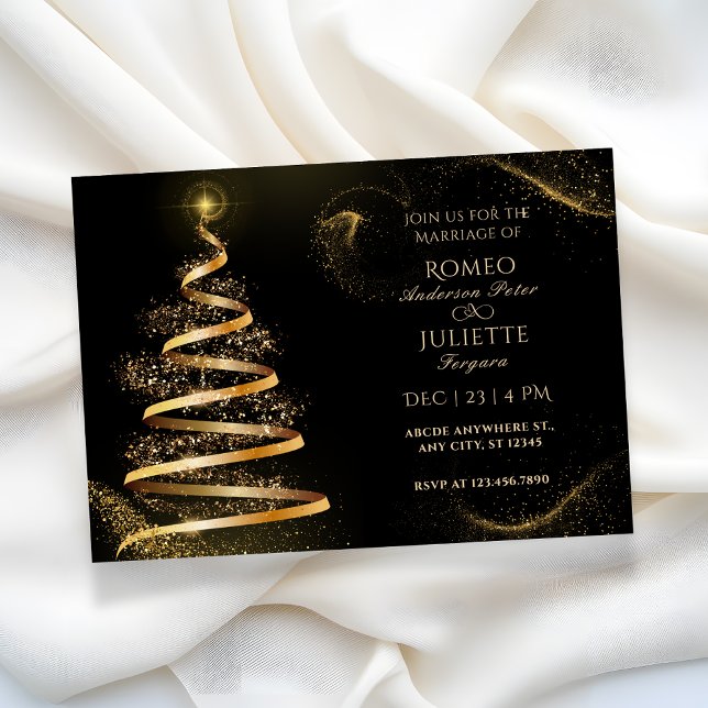 black golden elegant christmas tree wedding invitation (Creator Uploaded)