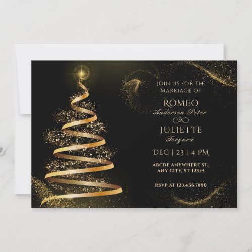 black golden elegant christmas tree wedding invitation