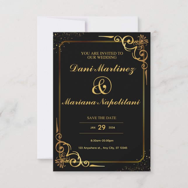 Black Golden Elegant Modern Minimalist Wedding Invitation (Front)