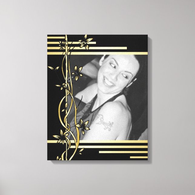 Black golden floral border portrait wrapped canvas print (Front)