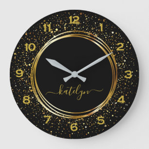 Black Golden glitter dust  Monogram Large Clock