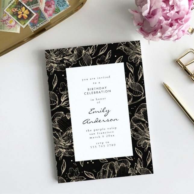 Black Golden Hand Drawn Floral Birthday Invitation (Creator Uploaded)