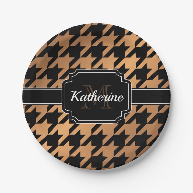 Black & Golden Houndstooth Paper Plates (Front)