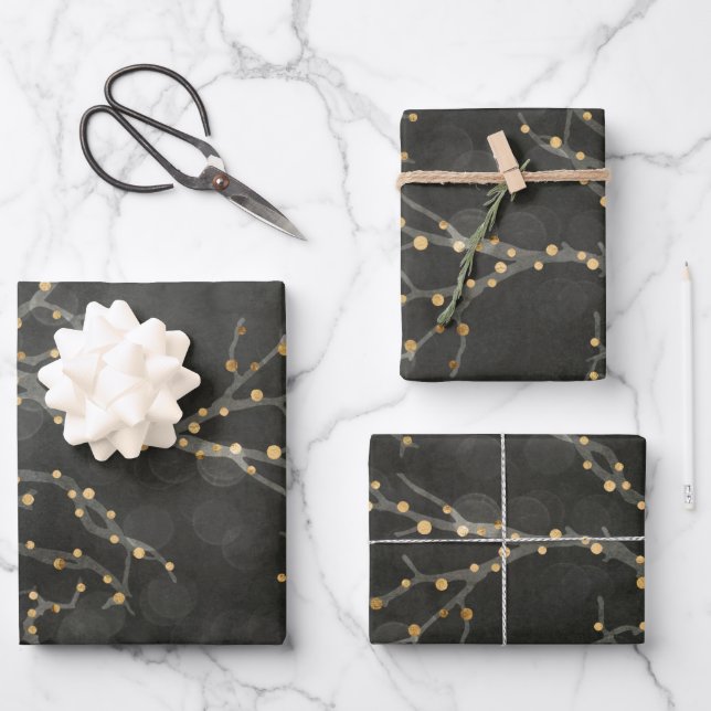 Black Golden Lights Bokeh Christmas Holiday Wrapping Paper Sheets (Front)
