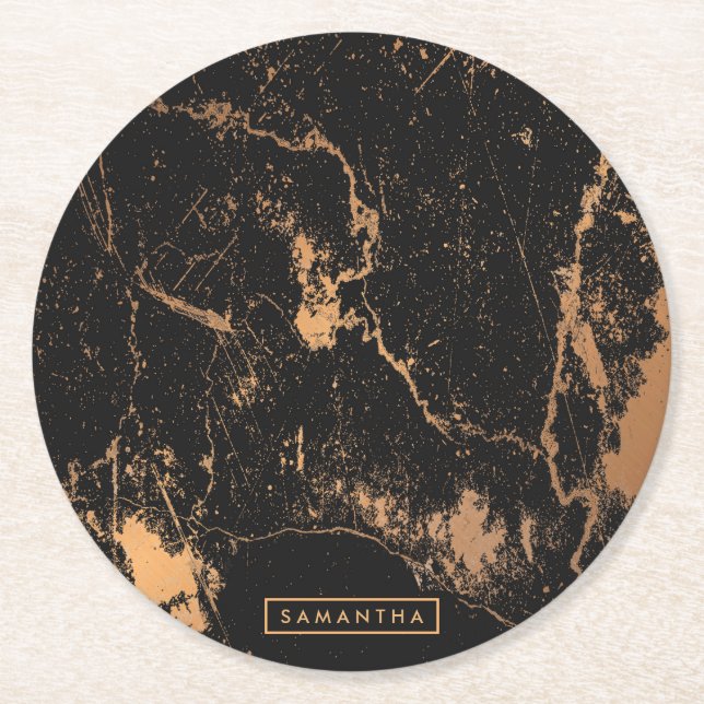 Black & Golden Marble Round Paper Coaster (Front)
