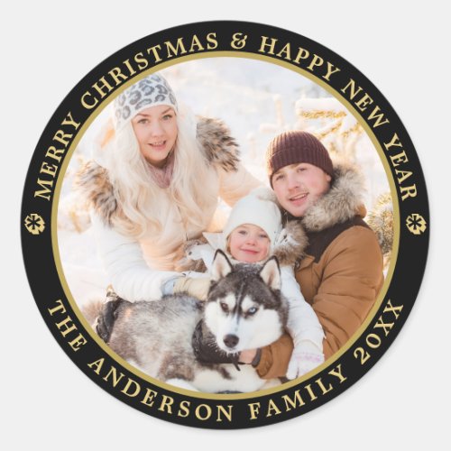 Black  Golden Merry Christmas Holiday PHOTO Classic Round Sticker