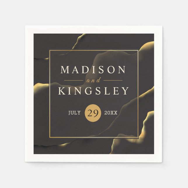 Black & Golden 💍 Modern Abstract Inky Oil Napkins (Front)