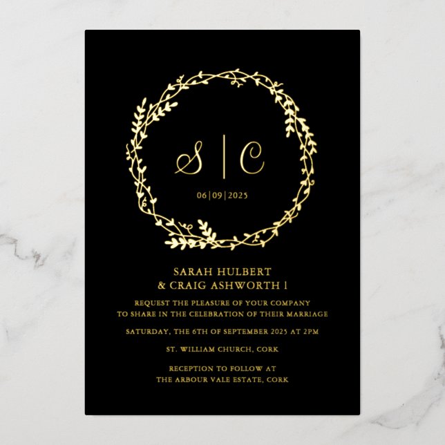 Black Golden Monograms Floral Botanicals Wreath  Foil Invitation (Front)