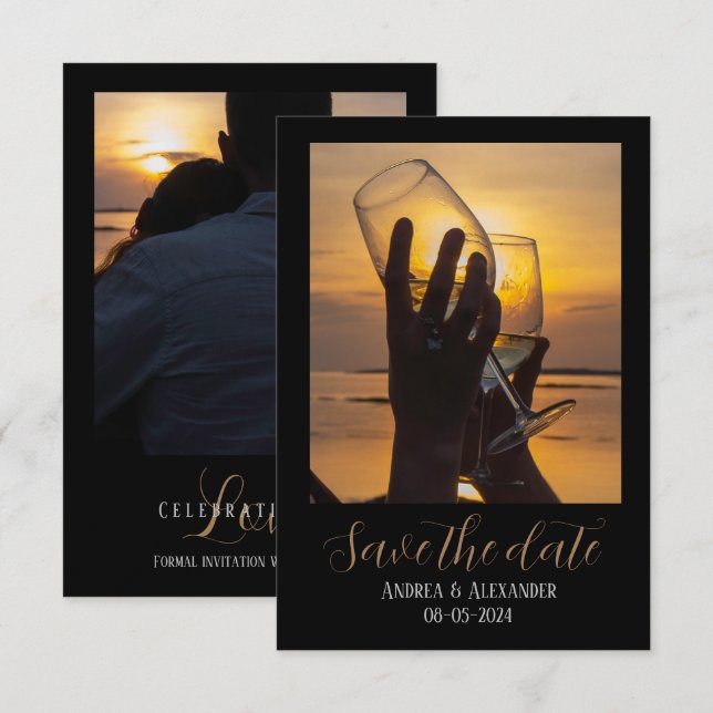 Black golden photo front+back Save The Date Card (Front/Back)