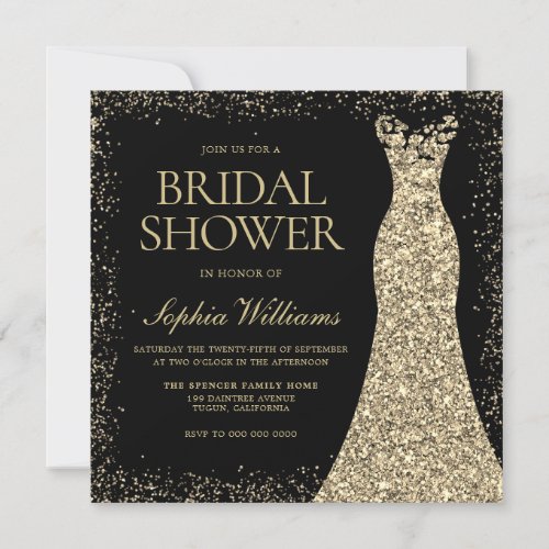 Black Golden Sparkle Glitter Dress Bridal Shower Invitation