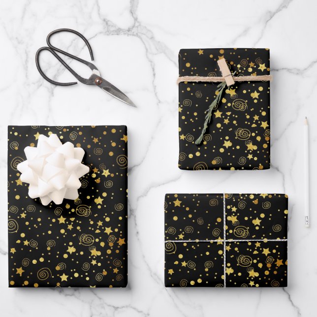 Black & Golden Star Pattern  Wrapping Paper Sheets (Front)