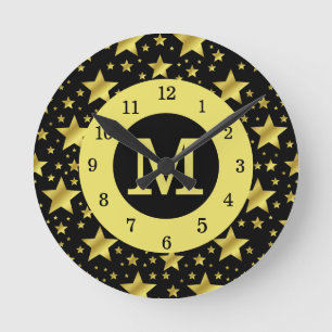 Black Golden Stars Frame Monogrammed Round Clock