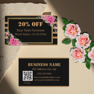 Black Golden Stripes Floral QR Code Discount Card