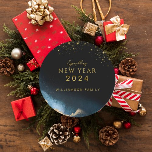 Black Golden  Watercolor Sparkling New Year  Classic Round Sticker