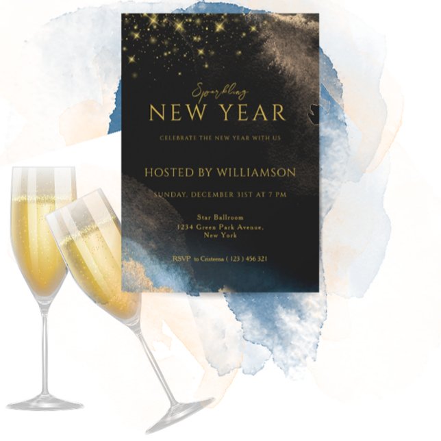 Black Golden | Watercolor Sparkling New Year Party Holiday Card (Creator Uploaded)