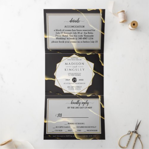 Black Golden Wonderful Wedding Tri_Fold Invitation