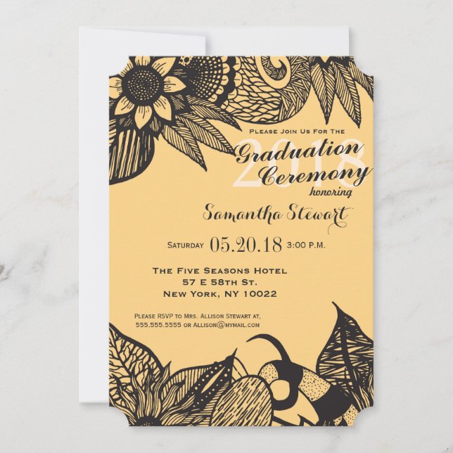 Black & Golden Yellow Floral Tangle Drawing Invitation (Front)